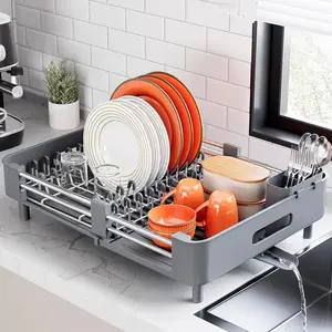 Stainless Steel Extendable Dish Drying Rack - Foldable Space-Saving Dish Drainer with Drainboard for Kitchen Counter, Cup Bowl Organizer with Knife & Utensil Holder, Gray