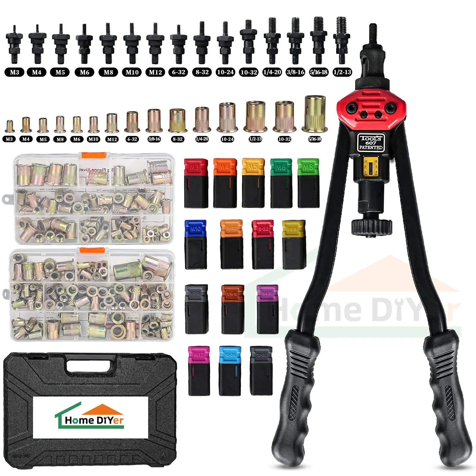 Rivet Nut Tool Kit, 16-Inch Rivnut Tool with 15 Metric & SAE Mandrels and Rivet Nut Gun, 200pcs Rivnut Tool Kit Assortment, Nutsert Tool Kit with Carr