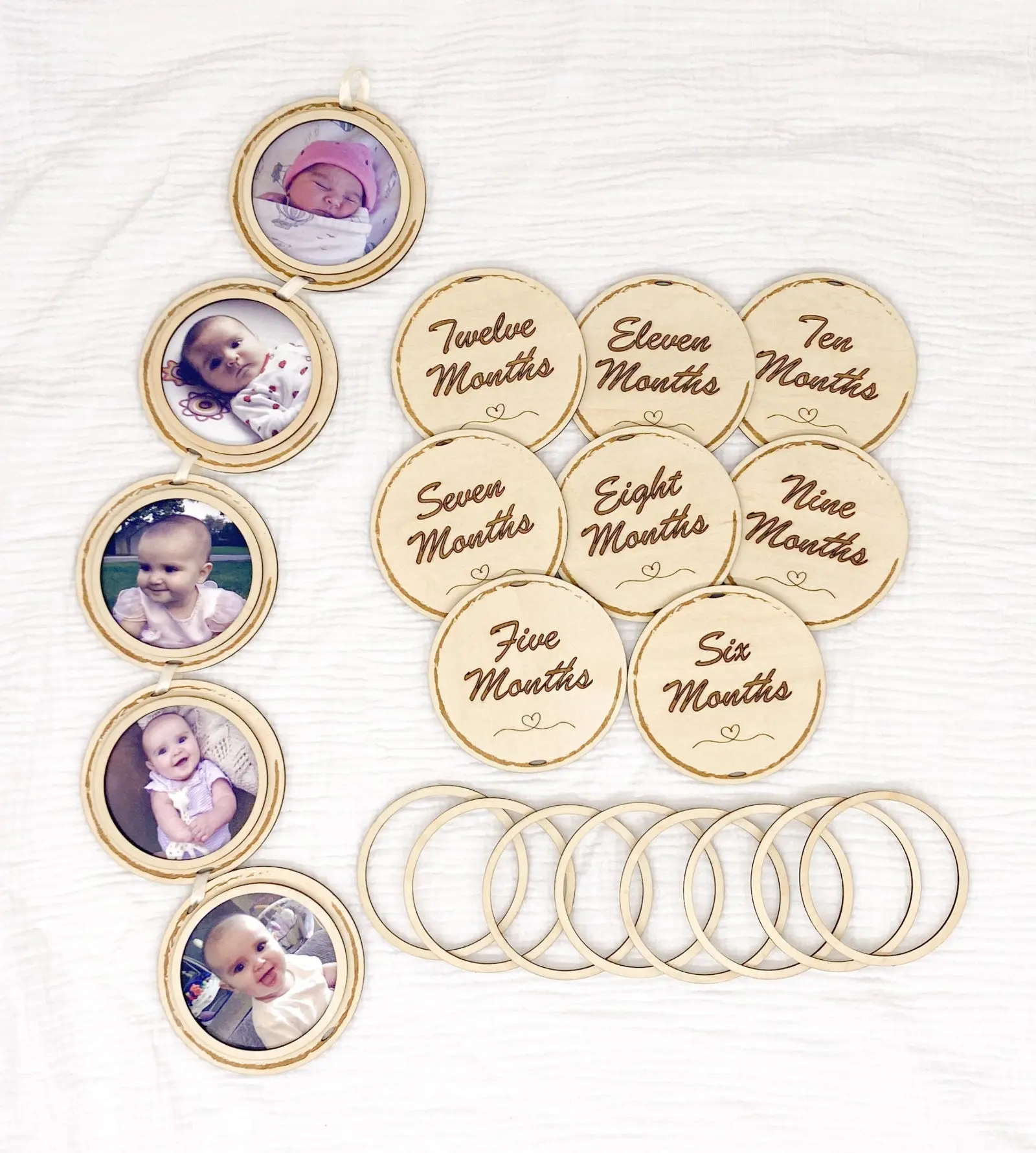 Baby Milestone Markers With Photo Frames, Heart Design– Wooden Keepsake Set