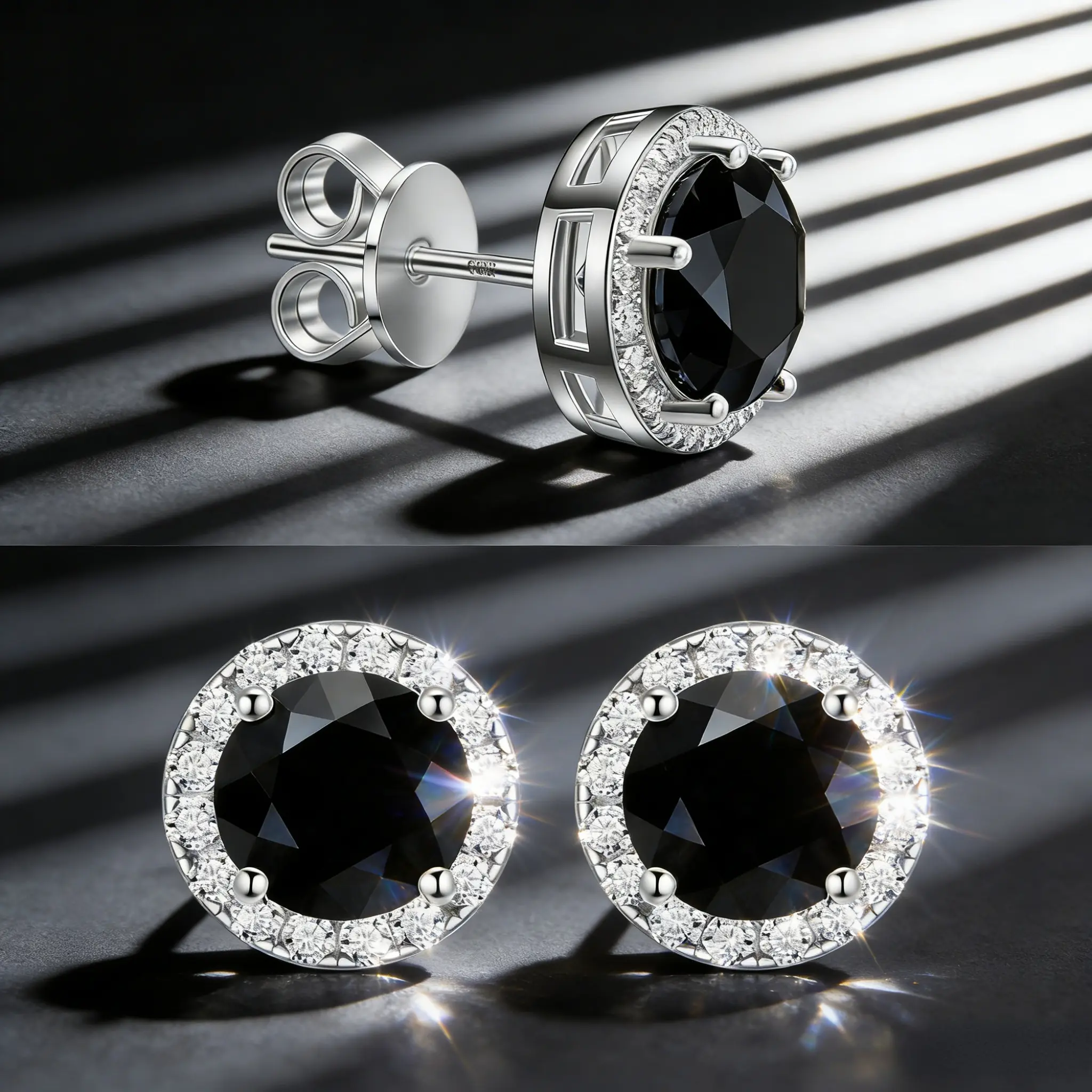 Sterling Silver 1ct Black Diamond Cut CZ thick Stud Earrings | White Zircon Halo | 8mm Gender-Neutral Jewelry | Tarnish & Fade Resistant Diamondcut