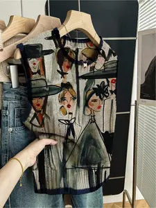 1 piece Spring/Summer Back-to-School Casual Style Loose Round-neck Sleeveless Knitted Color-Contrasting Dark Blue Embroidered Multi-Character Print Women's Knitted Top, Colorblock sweater vest, Sleeveless Vests, can be worn alone or with a jacket