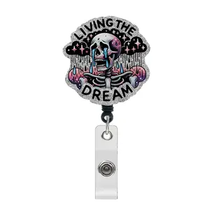 Gothic Expandable ID Badge Holder with Crying Skull Acrylic Pendant, Badge Decoration, Dark Style Office Card Chain, Living the Dream Design, Premium Decorative Badge Holder