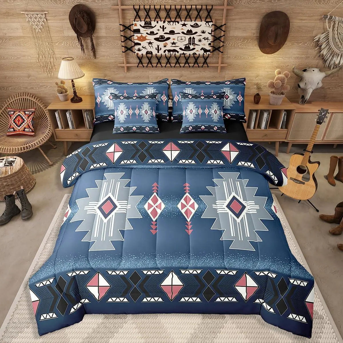 Feelyou 7-Piece Dark Blue Aztec Totem Print Boho Bedding Set - King Size, High Tensile Microfibre, Breathable Geometric Weave, Rustic Comforter, Exotic Native American Vintage Look, Machine Washable, Multi-Size (Incl. Queen) - Bedding Sets Collections