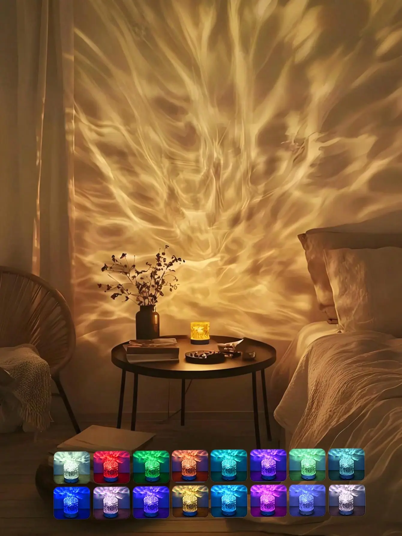 16‑Color Changing Water Ripple Projector Night Light, USB Powered Crystal Cube Ambient Lamp With Remote Control For Bedroom Room Decor