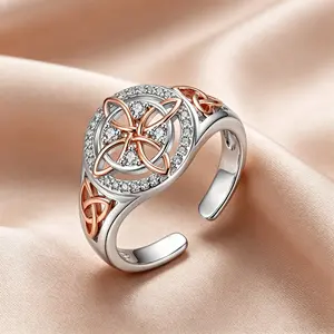 Adjustable Two Tone Silver Rose Gold Witch Knot Ring, Celtic Protection Amulet Cubic Zirconia Open Ring, Witchcraft Jewelry Gift for Women