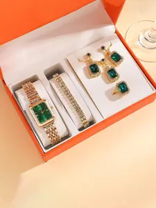 Women's Elegant Fashion Watch & Jewelry Set, Including Round Dial Analog Quartz Watch & Bracelet & Earrings & Ring & Pendant Necklace, Fashionable Jewelry Set