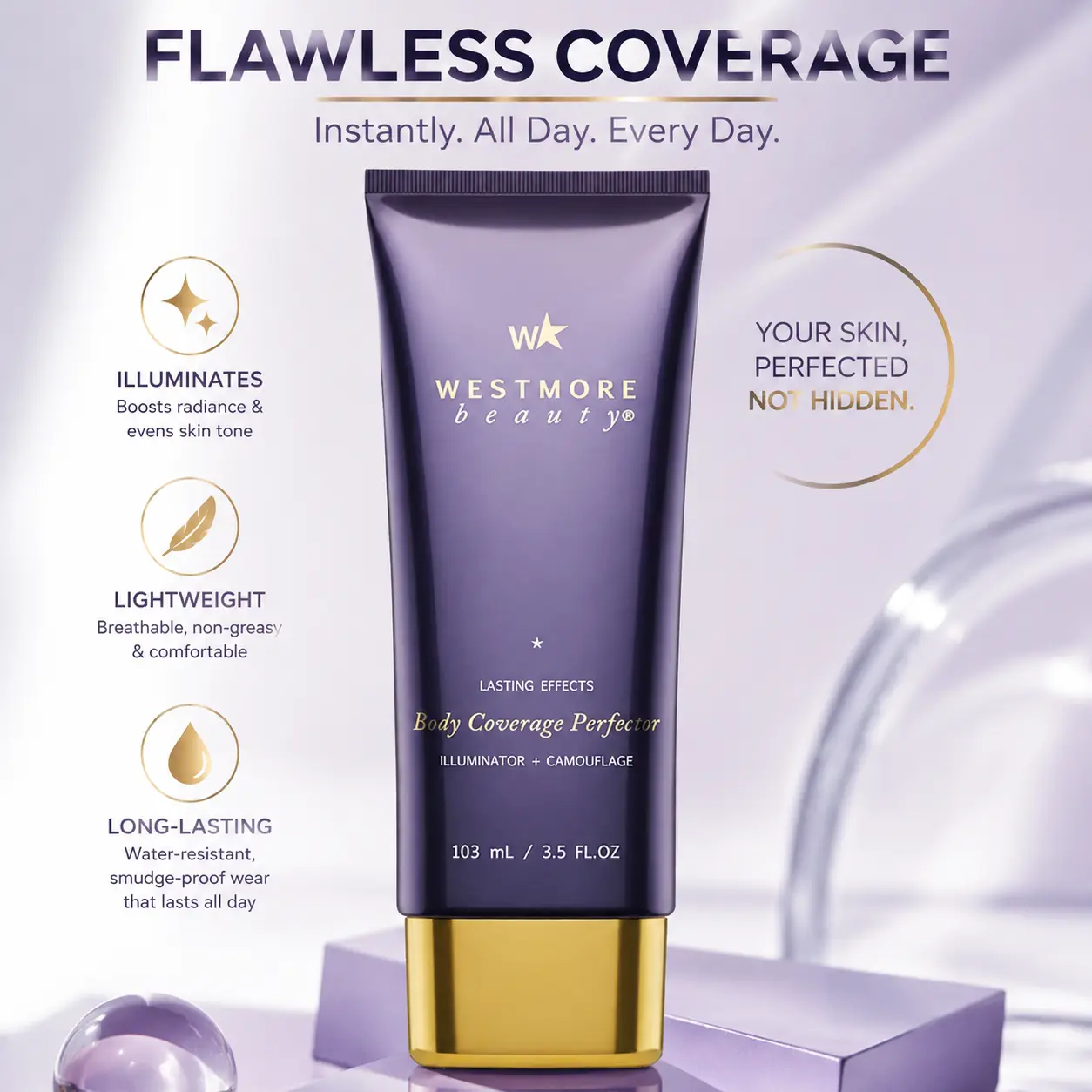 Beauty Body Coverage Perfector + XL Buffer Brush | Flawless Body Makeup Concealer for Tattoos, Scars, Veins, Spots & Imperfections