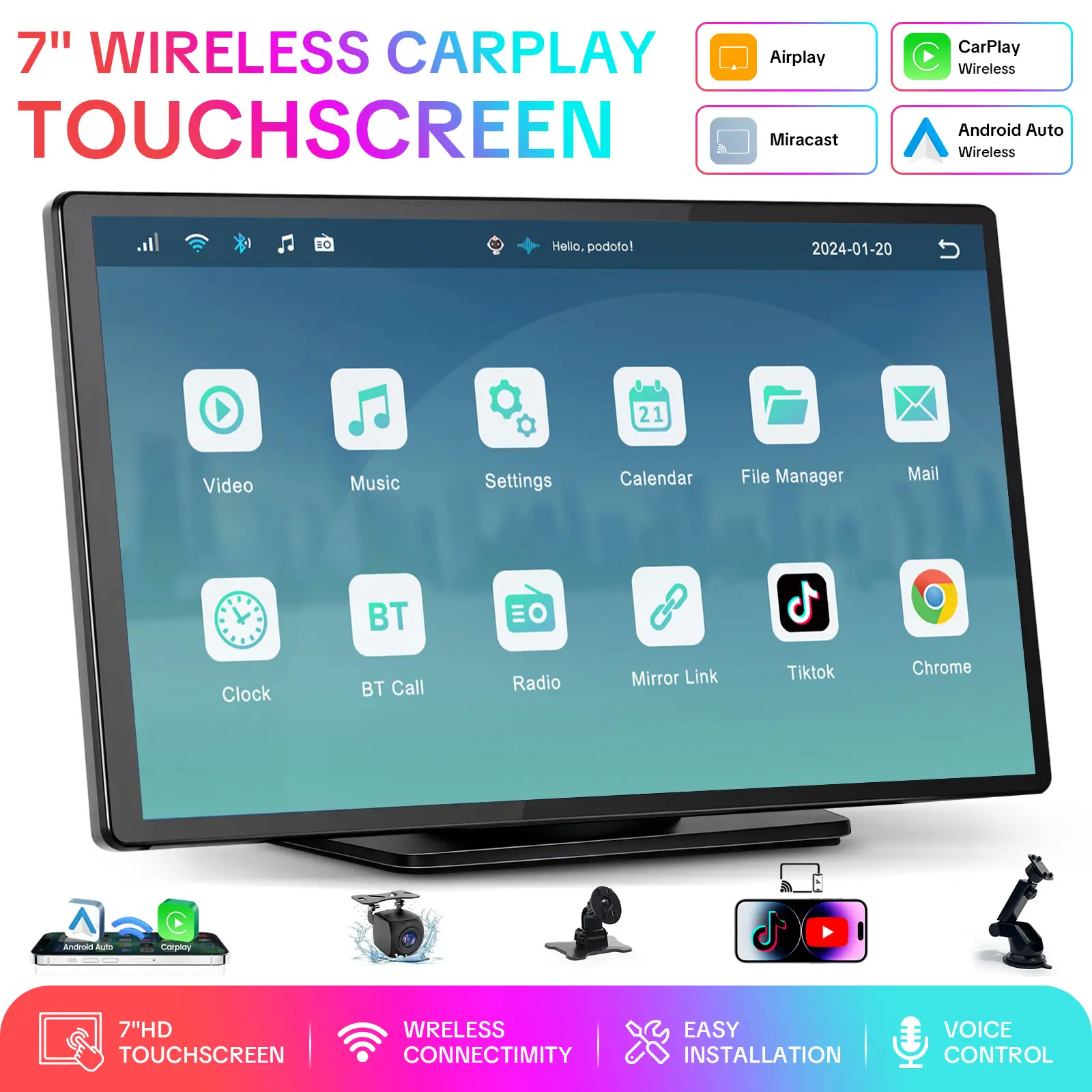 HiEHA 7" HD Wireless CarPlay & Android Auto Portable Touchscreen Car Stereo, Mirror Link, GPS Navigation, FM Transmitter, AUX, Bluetooth 5.2, Voice Control, Universal for All Vehicles, Wireless Carplay Stereo, Cars, Vehicle Accessories