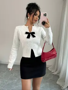 Elegant Women's Long Sleeve Knit Sweater, Soft Fabric Butterfly Knot Fit Pullover, Spring Autumn Winter Casual Everyday Fashion Top