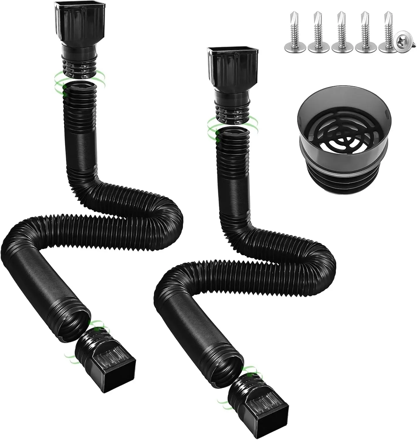 2pcs Corrugated Flexible Gutter Downspout Extensions - Garden Outdoor Flexible Hose with Built-in Filter, Rain Diverter Drain Pipe, Extendable 21in-59in, Includes Screws for Foundation Protection