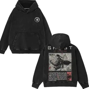 Jin Sakai Ghost of Tsushima V2 Acid Wash Graphic T-shirt Hoodie Sweatshirt Vintage Gaming Streetwear Retro Samurai Washed Black Cotton