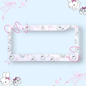 Cute Pink Bunny License Plate Frame - Coquette Aesthetic Kawaii Rabbit Car Decor