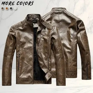 Men's Motorcycle Style Leather Jacket with Fleece Lining, Thick Warmth, Stand Collar Design, Vintage Stitching, Multiple Zipper Pockets, Trendy Streetwear for Autumn and Winter Casual Wear