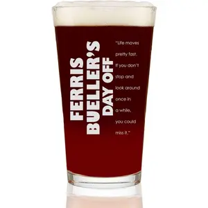 Ferris Bueller's Day Off Etched Pint Beer Glass 16oz - w/Quote "Life moves pretty fast" - Officially Licensed, Premium Quality, Handcrafted Glassware