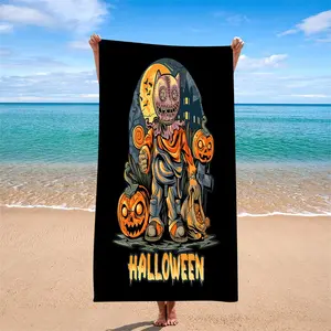 Halloween Pumpkin Strawman Beach Towel, Dark Cool Print, Quick-Dry Bath Towel, Reusable Holiday Resort Towel, 1pc