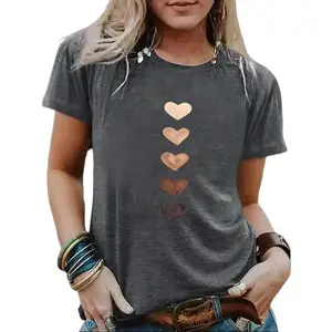 Women's Comfortable Heart Print Round Neck Short Sleeve Fitted Top Tshirt, Sports Style Outfits for Summer Casual Daily Wear