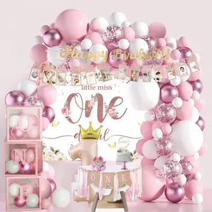 Baby girl first birthday decorationsbaby 1st birthday decorations for girlballoon boxes pink balloons garland arch kitbackdrop high chair banner crown photo banner