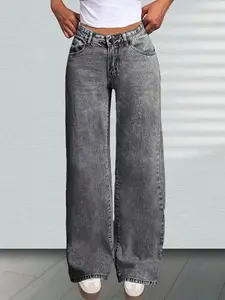 Teen Girls Washed Straight Loose Fit Jeans with Back Pocket Bow Embroidery, High Elastic Waist for Comfort, Stylish and Versatile for All Seasons, Jeans with Pockets