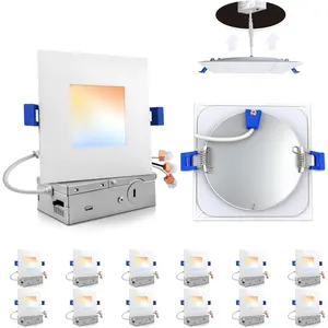 12 Pack 4 inch Square Led Recessed Lighting, 5CCT Ultra Thin Square Led Ceiling Light with Junction Box, 10W 860LM, CRI90, 2700K-5000K Selectable, Dimmable Canless Downlight, ETL and Energy