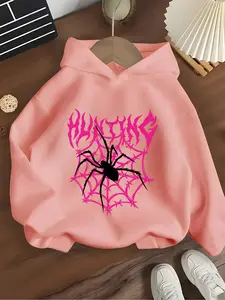 Girls' Hooded Sweatshirt Spider Letter Print, Dark Casual Style, Soft Fabric, Spring & Fall Wear, Daily Clothing, Graphic Casual Hoodie