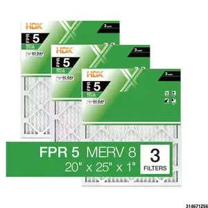 20 in. x 25 in. x 1 in. Standard Pleated Furnace Air Filter FPR 5, MERV 8 (3-Pack) 20 in. x 25 in. x 1 in. Standard Pleated Furnace Air Filter FPR 5, MERV 8 (3-Pack)