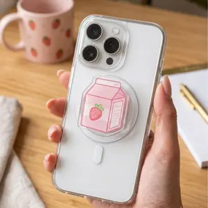 Y2K Strawberry Milk Carton Magsafe Phone Grip - Magnetic Phone Holder & Kickstand - Cute Pink Aesthetic Accessory