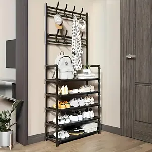 5-Tier Independent Shoe Rack Tower with Storage Shelf, Freestanding Shoe Storage, Perfect for Rent Houses Indoor Storage, Hang Coats Hats Clothes Organizer, Shoe Storage System