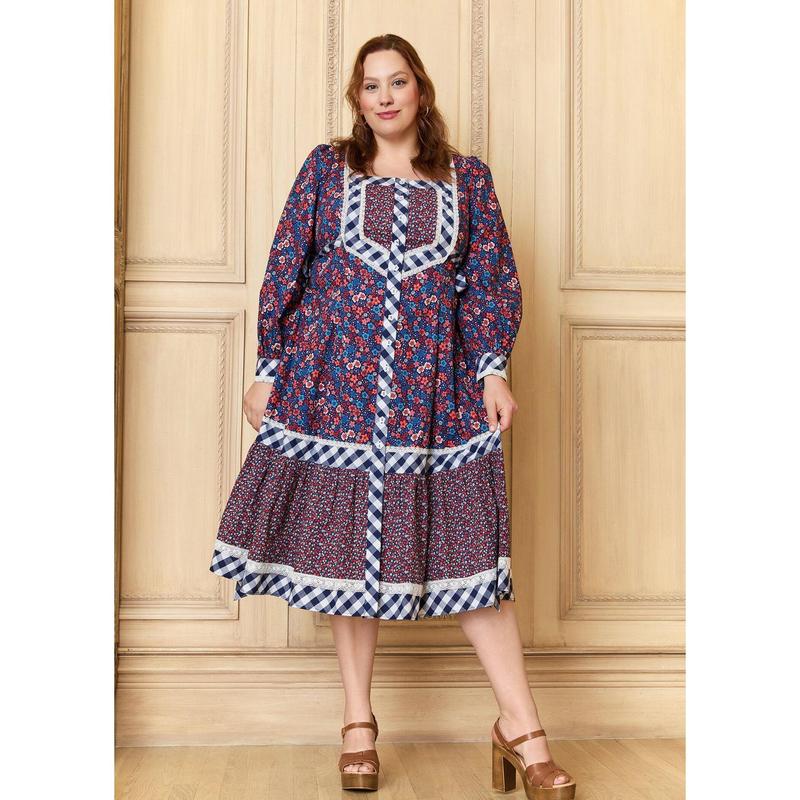 GUNNE SAX for ModCloth Veronica Midi Dress 100% Cotton Floral Print Long Sleeve Button Front (XS-4X)