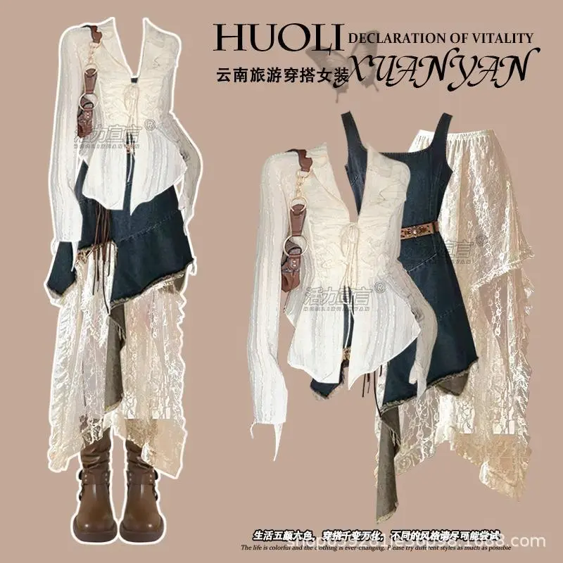 Soft Pastel Spring Women Wear, 2026 White Lace Dress + Ethnic Denim Skirt With Loose Basic Shirt