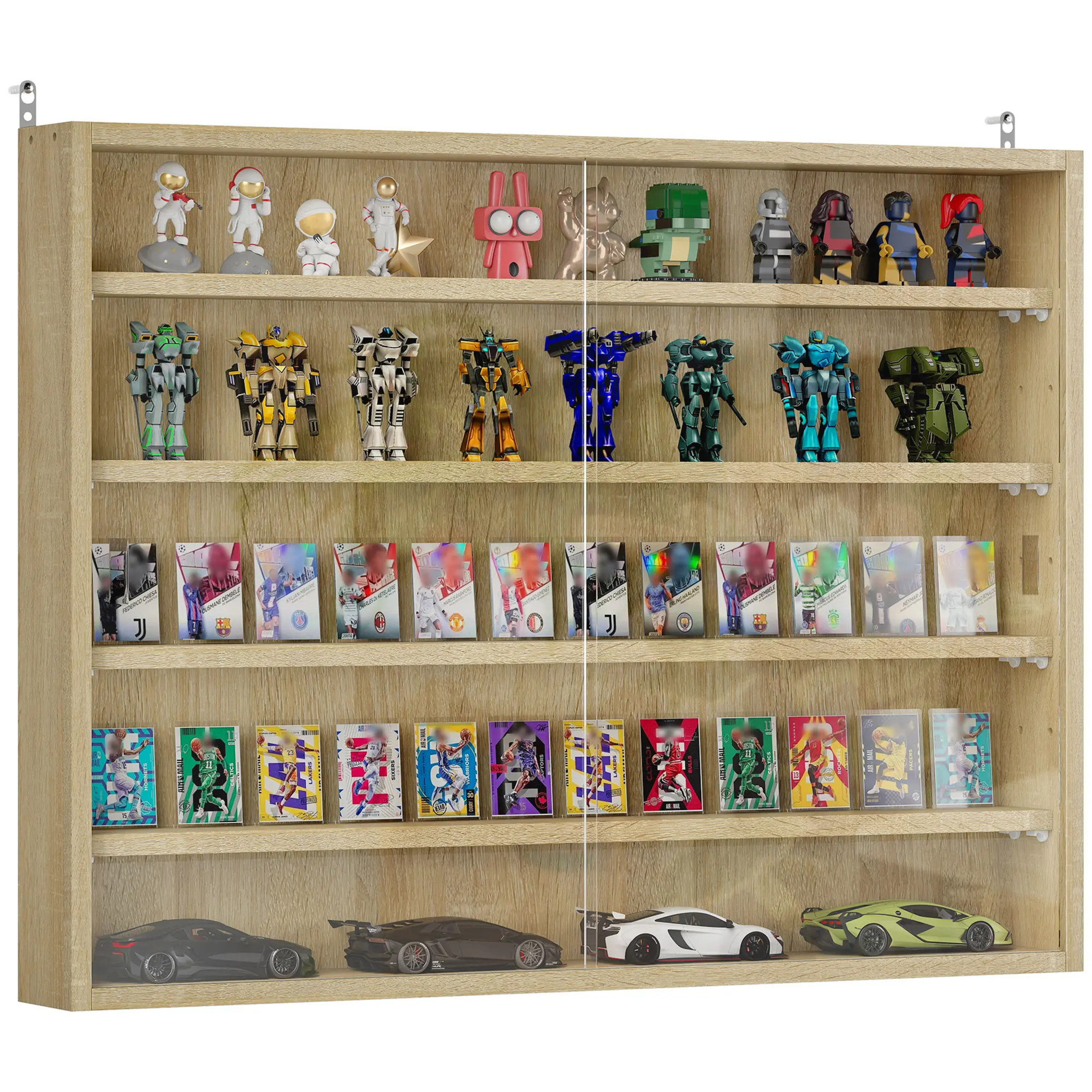 5-Tier Wall-Mounted Display Cabinet – 2 Glass Doors & 4 Adjustable Shelves with 7 Height Options. Transparent Glass for Clear View. Perfect for Collectibles, Perfume, Figurines & Medals. Oak
