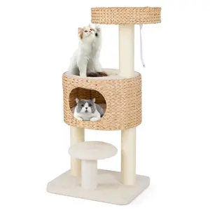 COSTWAY - Modern Cat Tower Cat Tree with Top Perch Cattail Fluff Condo-Natural