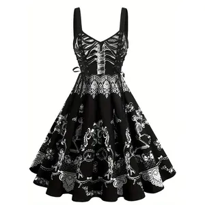 Plus Size Halloween Themed Lace-Up Backless Dress, Gothic Style Sleeveless Dress for Parties, Holidays, and Vacations, Women’s Plus-Size Clothing for All Seasons