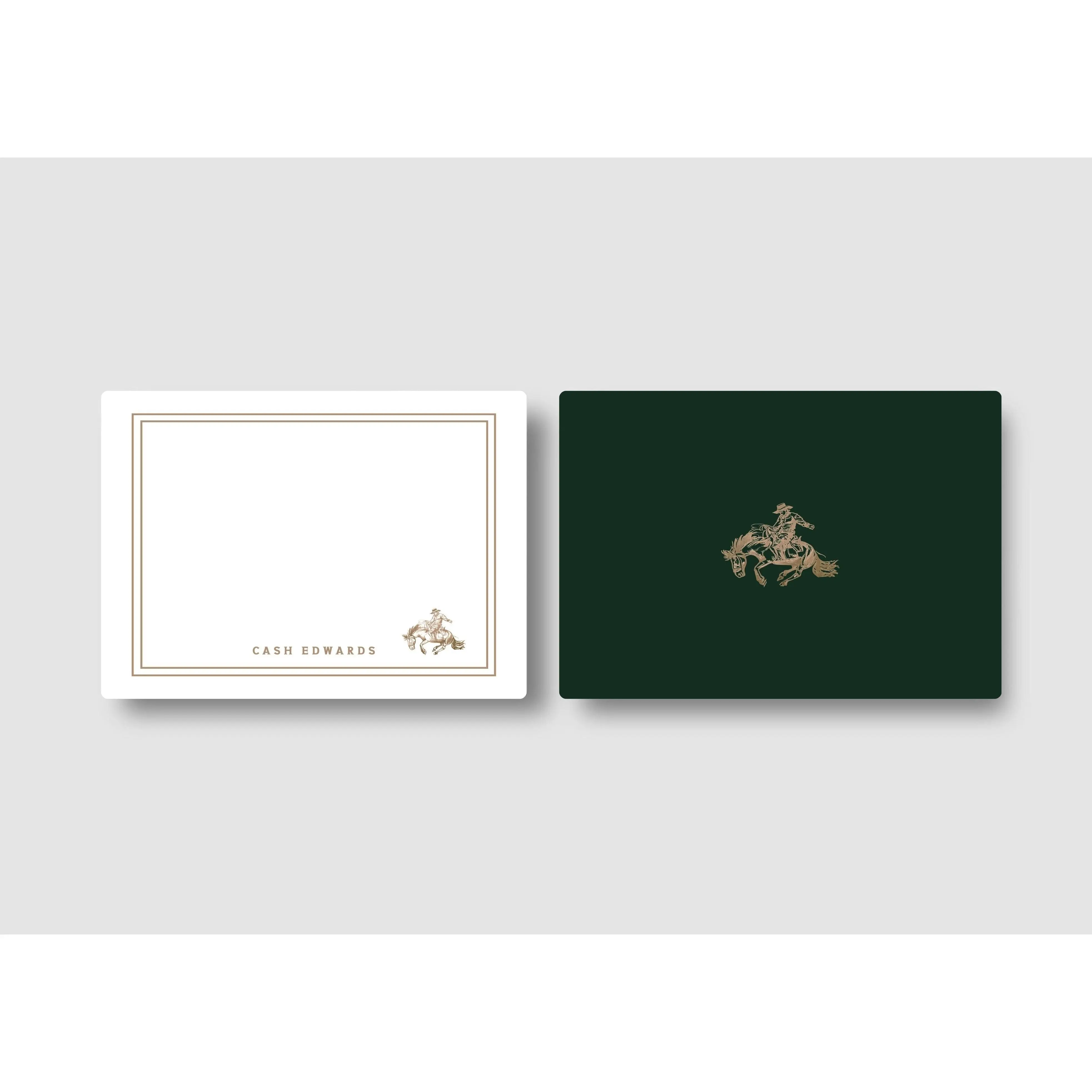 Green Western Rodeo Themed Flat Card Stationery Set with Clean Lines Design, Paper Greeting Card & Invitation Envelopes, Personalized Message for Wedding Gifts