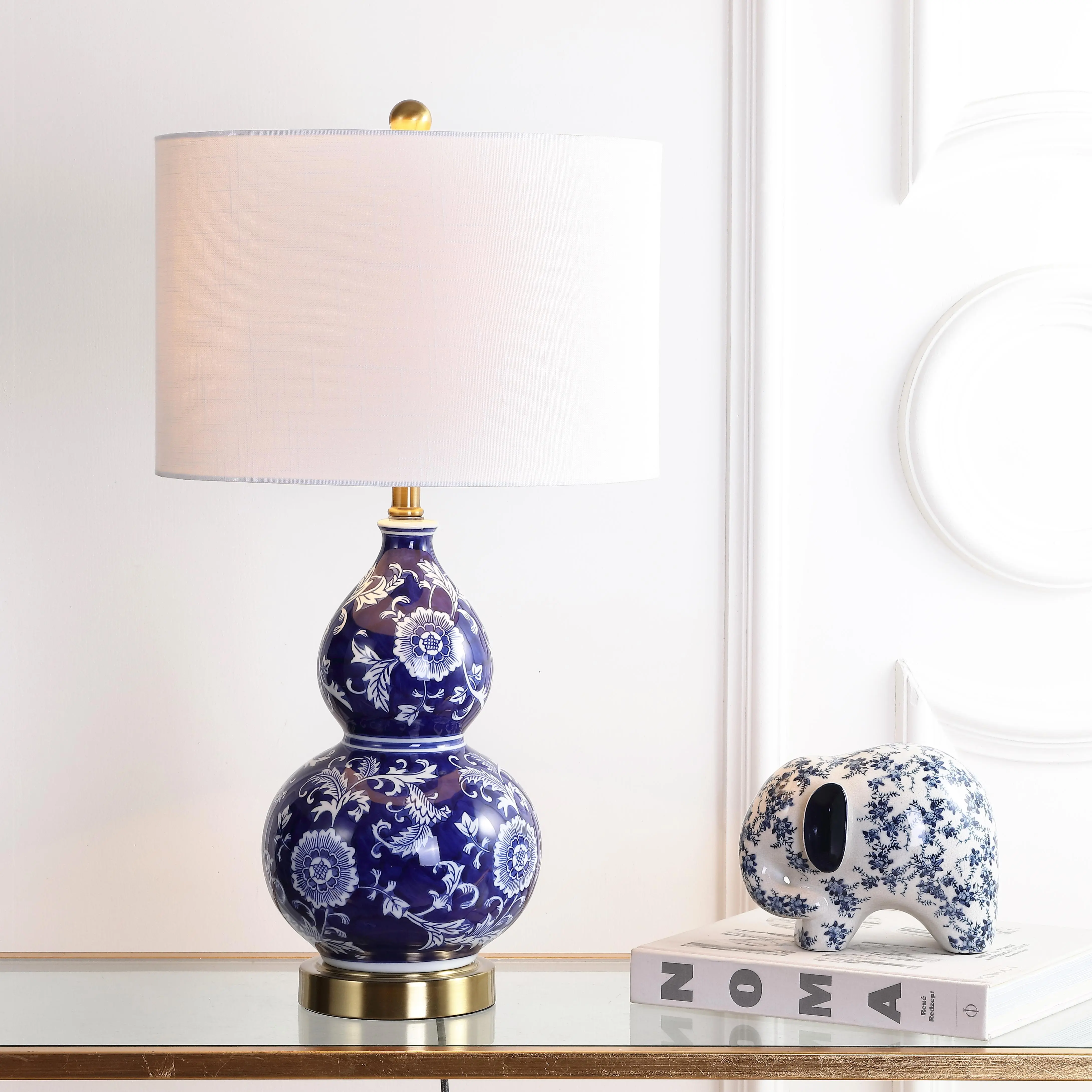 JONATHAN Y Lee 27" Chinoiserie Floral Ceramic Table Lamp, Blue/White | Traditional Hand-Painted Double Gourd Vase, Linen Drum Shade, Brass Gold Metal Base, LED Bulb Included