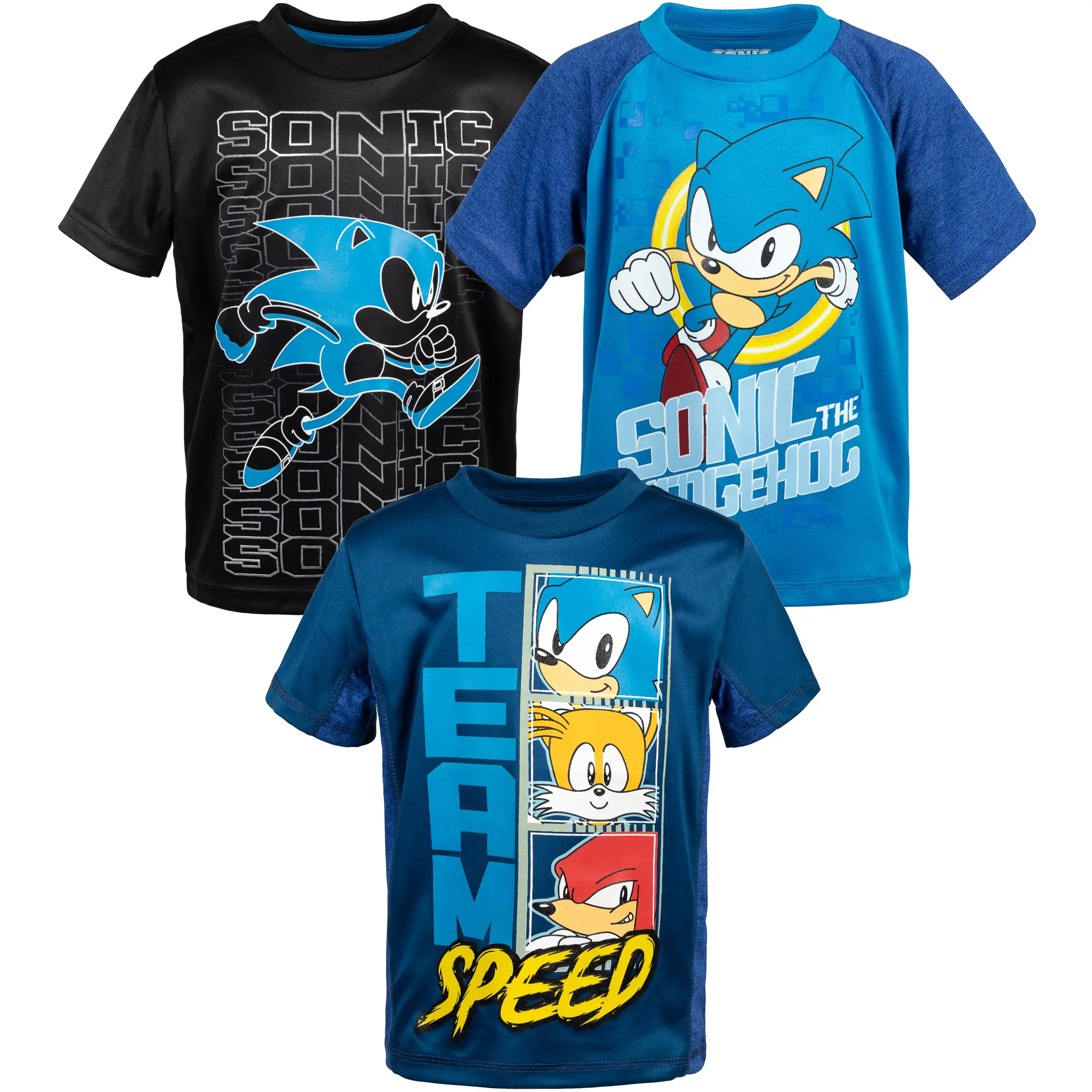 SEGA Sonic the Hedgehog Boys' 3-Pack Raglan and Graphic Short Sleeve Tees Black Light Blue Navy Toddler to Big Kid