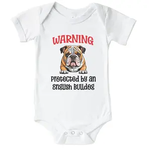 Warning Protected By An English Bulldog Funny Dog Breed Baby Bodysuit