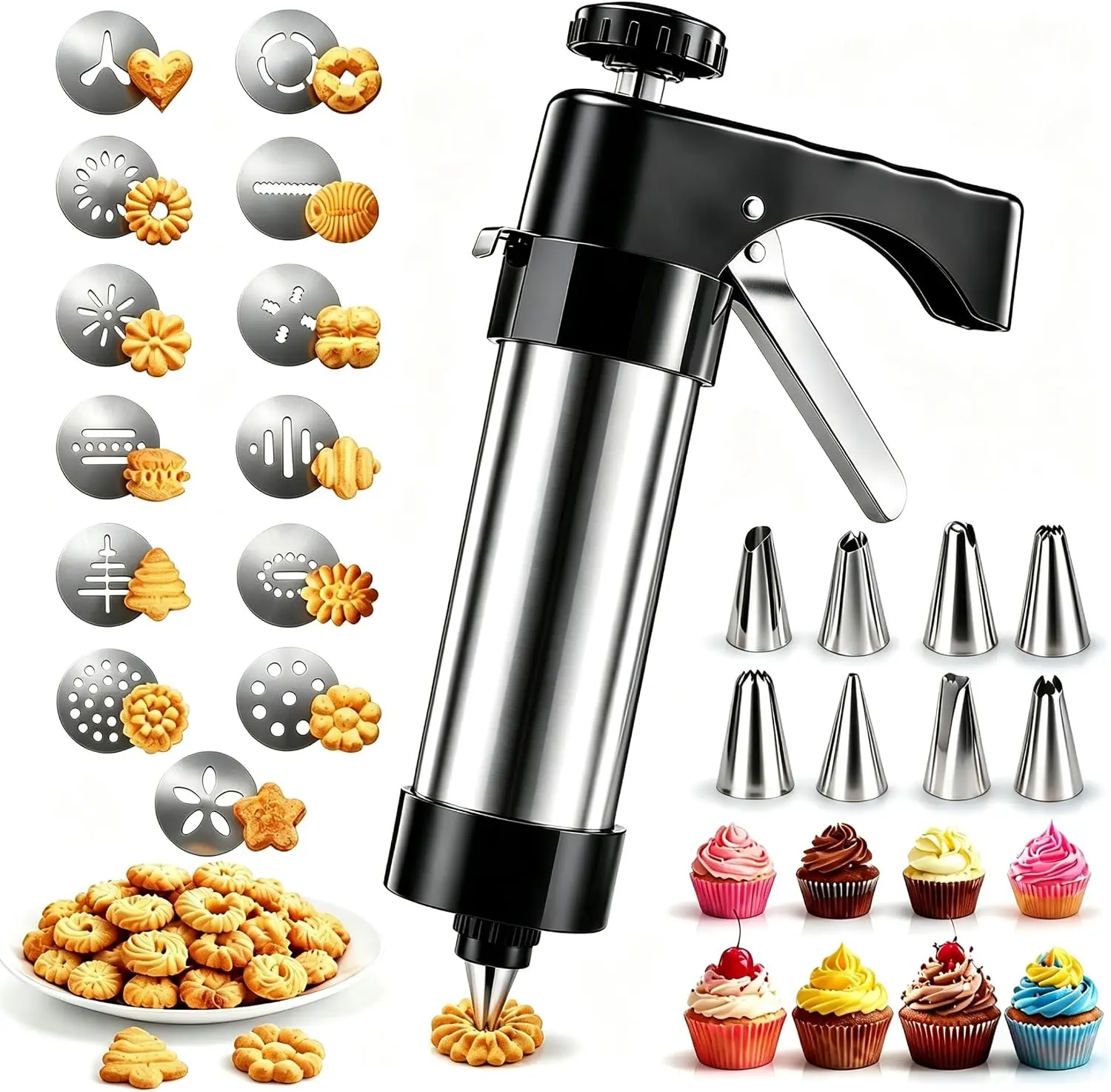 Stainless Steel Cookie Press Gun Kit with 13 Discs and 8 Piping Tips, Reusable Biscuit Maker for Cookies, Pastries and Cake Decorating