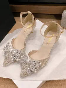 Spring Summer New Fashion Pointed Toe Low Heel Bow Tie Buckle High Heels Women's Shoes, Stylish and Comfortable Single Shoe, Elegant Party Shoes