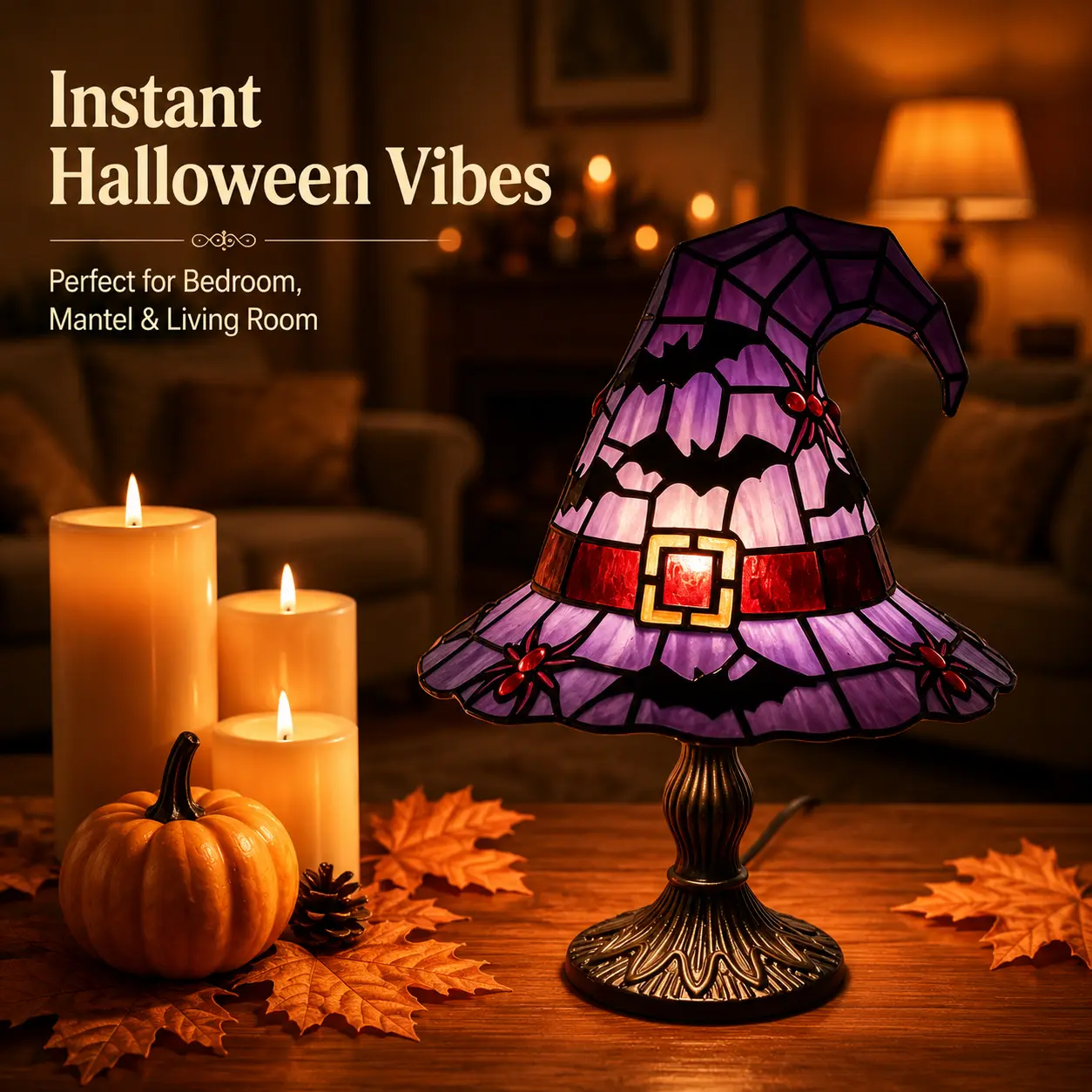 This Halloween witch hat table lamp, a colorful night light featuring ghosts, skeletons, and bats, makes for a fun and atmospheric decorative piece for your bedroom mantel, living room, or party—and it’s also an excellent gift idea.