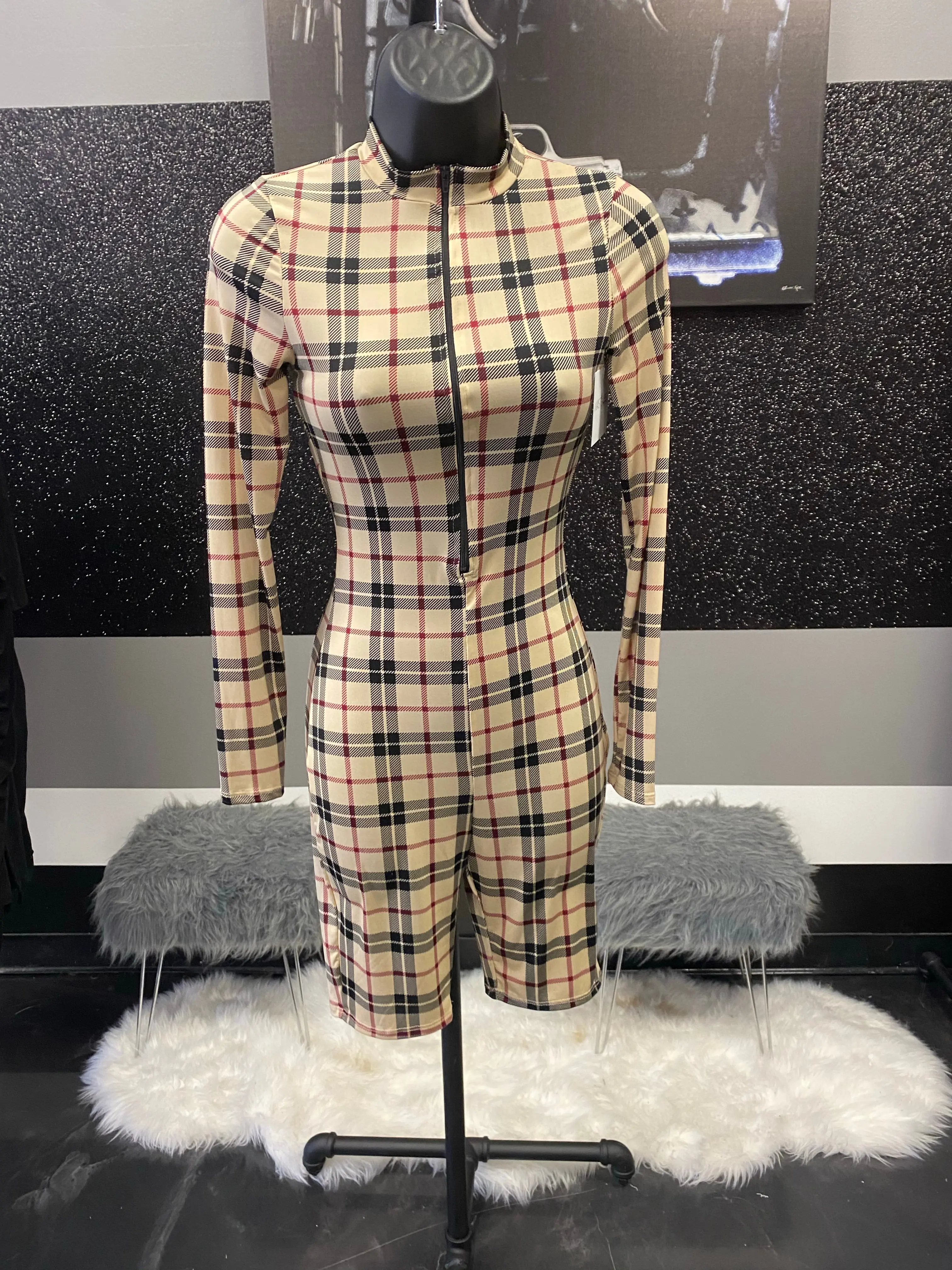 Cream zip-up plaid romper