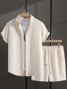 Men’s Solid Button-Up Shirt & Drawstring Shorts Set – Summer Casual Outfit
