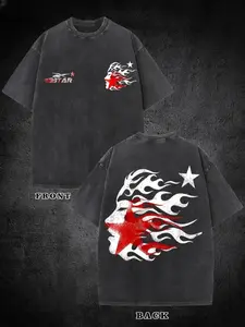 Men's Vintage Acid Washed 'HELL STAR' Flame Graphic T-Shirt, Edgy Streetwear, Short Sleeve, Casual Loose Fit Tee
