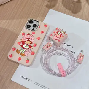 6 Piece Set Strawberry Aesthetic Phone Case, Charger Head Cover, Cable Protector, Storage Rope, Data Line Protection, Fits iPhone 6/7/8/x/11/12/13/14/15/16/17 Pro Max Accessories