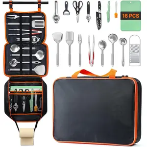 Portable Camping Cooking Utensils Set, Camp Kitchen Set with Organizer Bag, RV Essentials Outdoor Cooking Utensil Kit for Travel, Picnics, Camping, BBQs, Parties