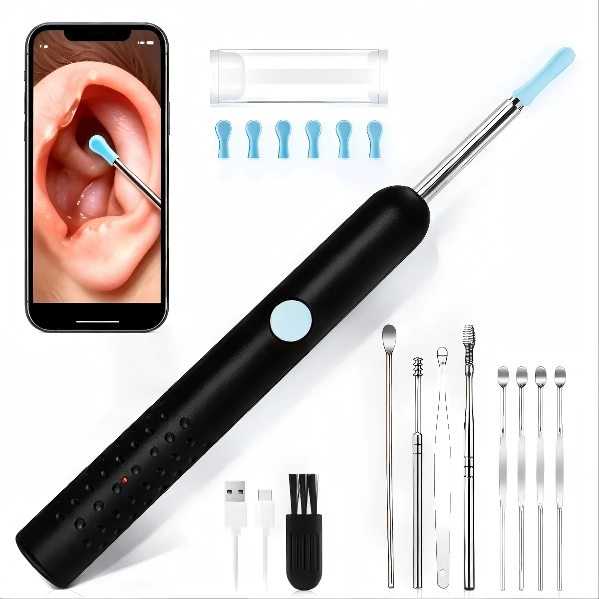 Wireless HD Visual Ear Cleaning Tool Bluetooth WiFi Connection Portable For Ear Wax Removal Visual Ear Pick, 1080P HD, 6 Built-in LED Lights, Compatible iPhone Android, For Adults Kids And Pets hygiene camera