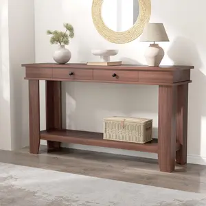 Garvee 54-Inch Farmhouse Console Table with Drawers and Open Storage Shelf, Wooden Rectangular Sofa Table for Entryway, Hallway, and Living Room in Brown and White Finishes