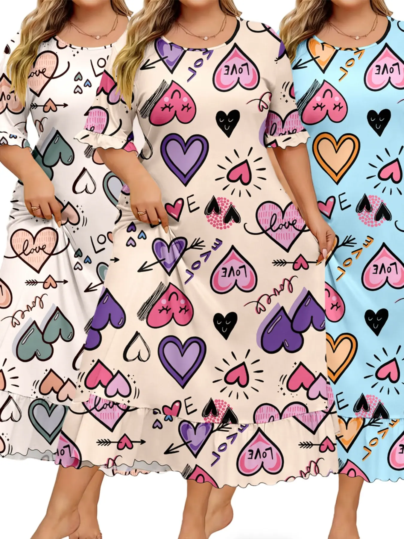 Women's Summer Sleepwear Set, Heart Pattern Print Love Round Neck Short Sleeve Design, Comfortable Loose Fit Home Wear Loungewear, Multicolor Options, Pajamas, Womenswear, Pajama Set, Loungewear Pjs, Lady