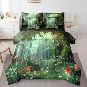 7 Piece Comforter Set,Magical Bed in a Bag with Flat Sheet and Fitted Sheet for Kids Teens Adult,Mushroom Jungle Leaves Branches Bedding Set with Pillowcase & Sham Reversible