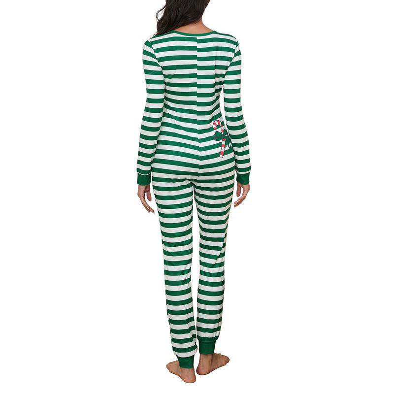 Woman's Christmas Stripe  Pajamas Sexy Round Neck Long SleeveElastic Jumpsuit, Daily Life and Holiday Womenswear Loungewear