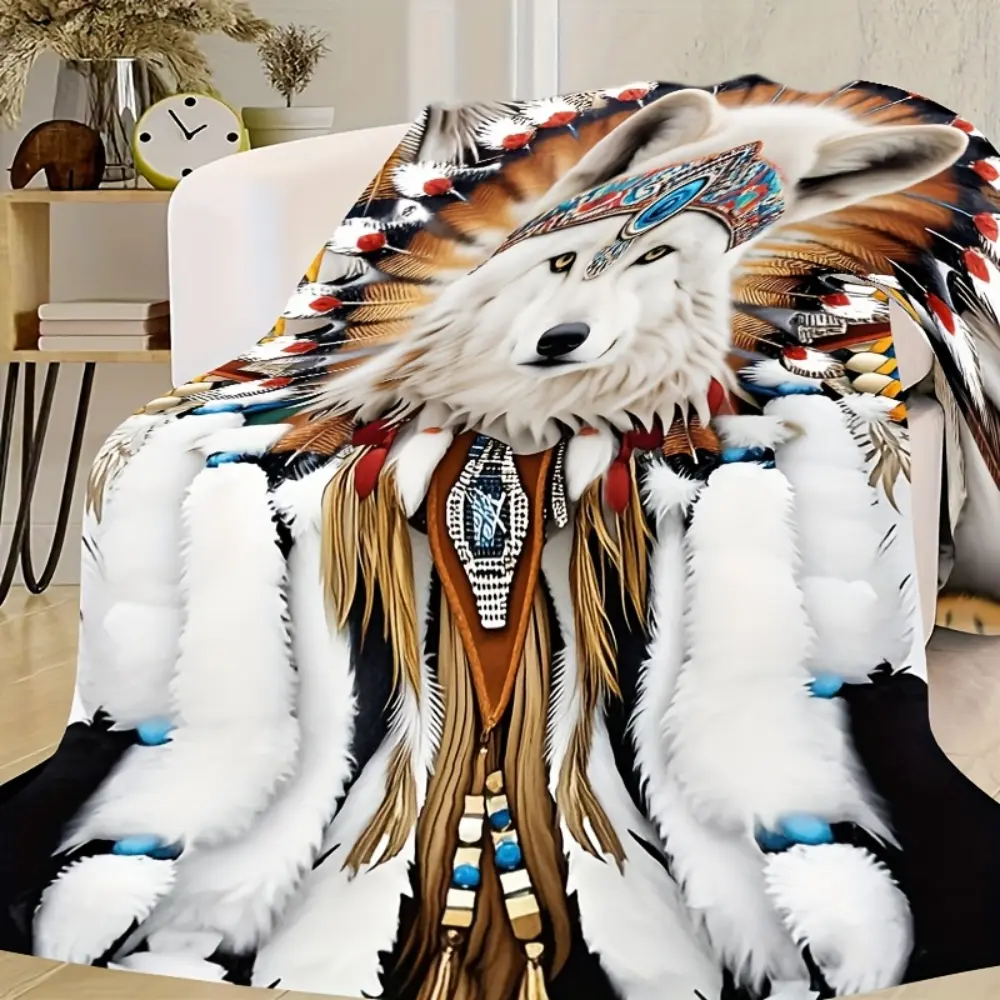 White Wolf Throw Blanket, Majestic Wolf with Feather Headdress Graphic Flannel Blanket, Soft Cozy Wildlife Fleece Throw for Couch Bed Bedroom, Wolf Lover Gift, Rustic Western Home Decor